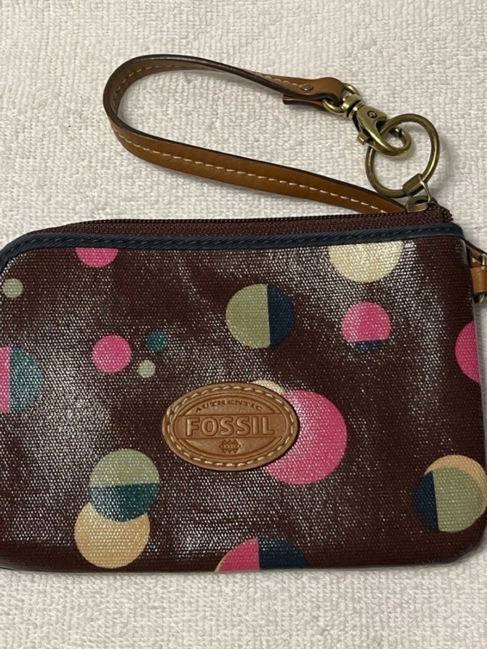 Fossil Brown Wristlet with Multicolor Polka Dots
